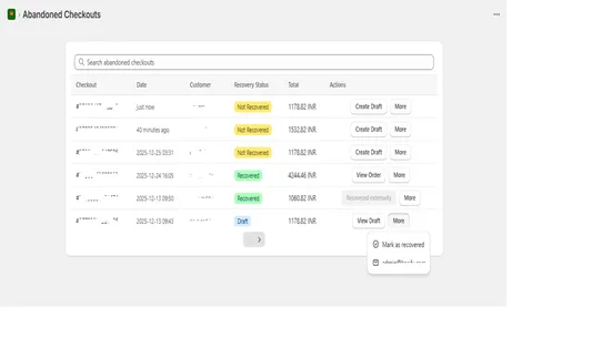 Abandoned checkouts to draft screenshot