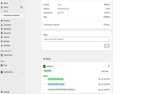 Abandoned checkouts to draft screenshot