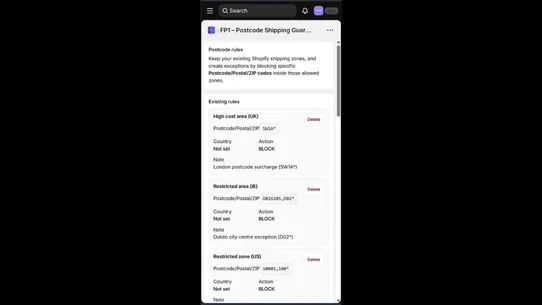 FP1 – Postcode Shipping Guard screenshot