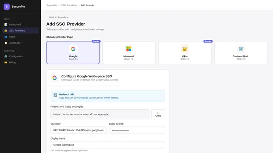 SecurePie Single Sign On‑SSO screenshot