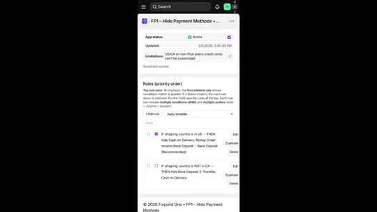 FP1 – Hide Payment Methods screenshot