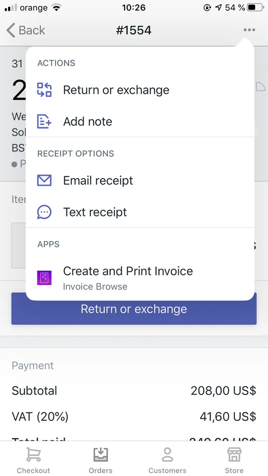 Invoice Browse: order printer screenshot