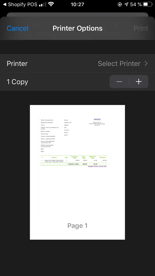 Invoice Browse: order printer screenshot