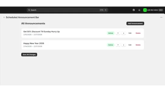 Scheduled Announcement Bar screenshot