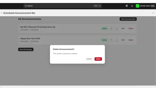 Scheduled Announcement Bar screenshot