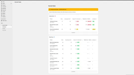 Reorder Radar screenshot