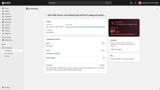 FormSentry spam blocker screenshot