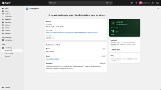 FormSentry spam blocker screenshot