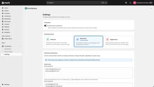 FormSentry spam blocker screenshot