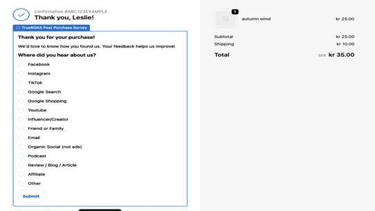 TrueROAS: Post‑Purchase Survey screenshot