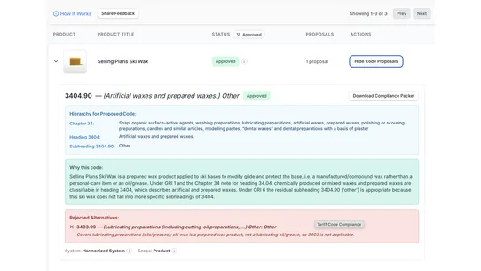 Tariff Code Compliance screenshot