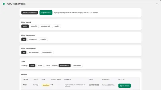 COD Sentry: Order Risk Score screenshot