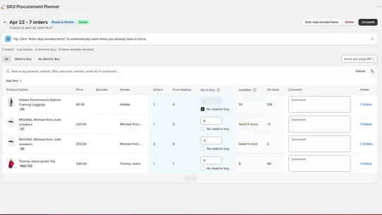 SKU Procurement Planner screenshot