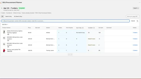 SKU Procurement Planner screenshot