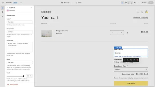 Required: Cart page fields screenshot