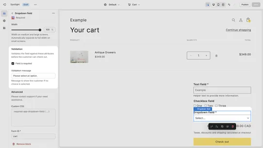 Required: Cart page fields screenshot