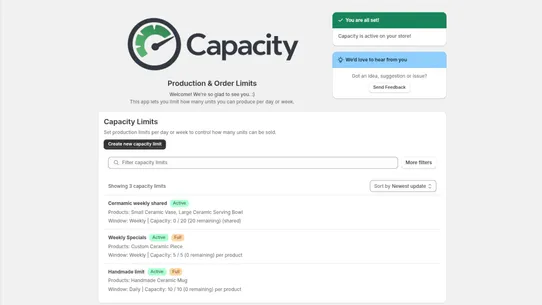 Capacity ‑ Production limits screenshot