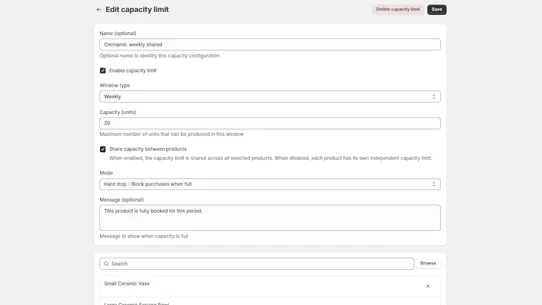 Capacity ‑ Production limits screenshot
