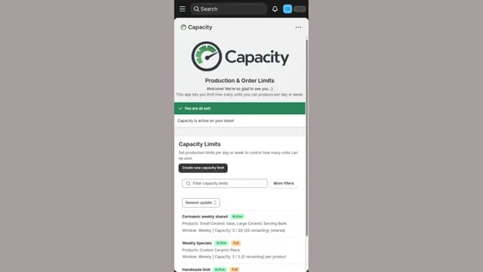 Capacity ‑ Production limits screenshot