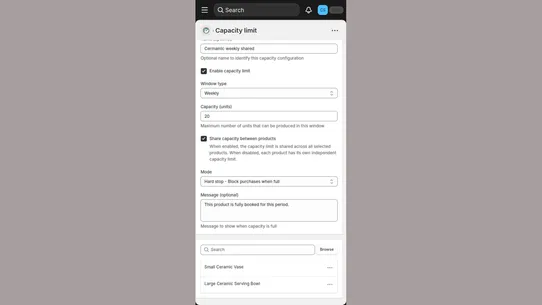 Capacity ‑ Production limits screenshot