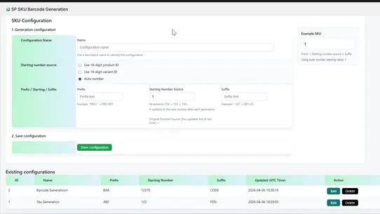 5P SKU Barcode Generation screenshot