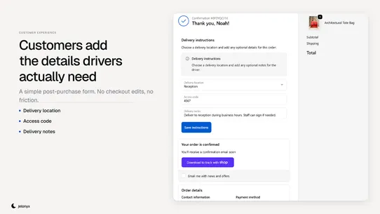 Jelonyx Delivery Instructions screenshot