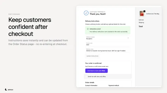 Jelonyx Delivery Instructions screenshot