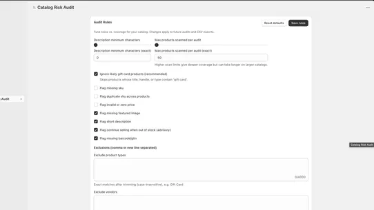 Loftvex Catalog risk audit screenshot