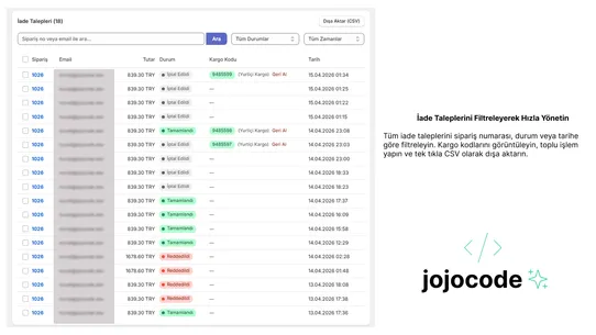 Jojocode İade Yönetimi screenshot