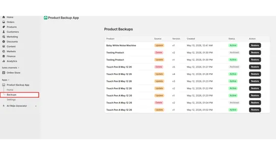 Product Backup screenshot