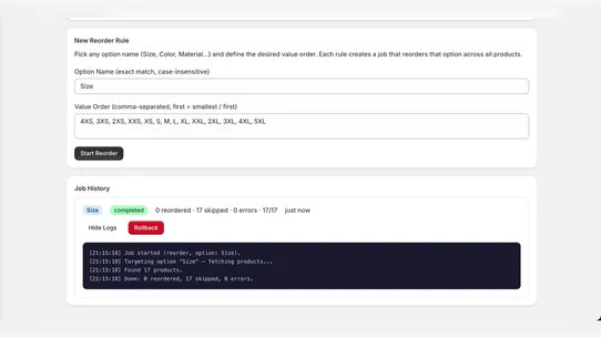 Bulk Variant Options Reorder screenshot