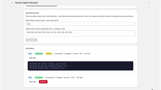 Bulk Variant Options Reorder screenshot