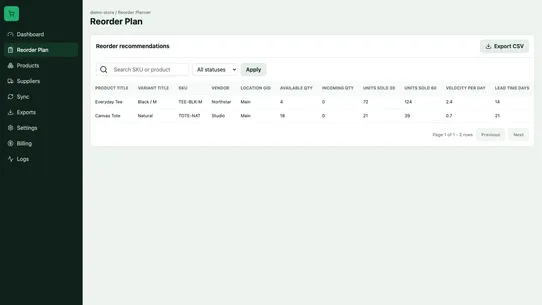 Kivo Reorder Planner screenshot