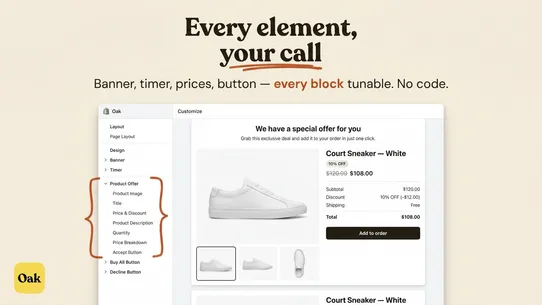 Oak Post Purchase Upsell screenshot