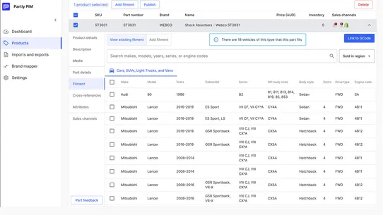 Partly PIM ‑ Auto parts PIM screenshot