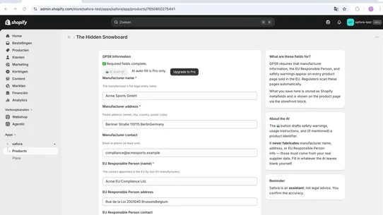 Safora ‑ GPSR Compliance AI screenshot