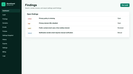 StoreGuard Settings Audit screenshot