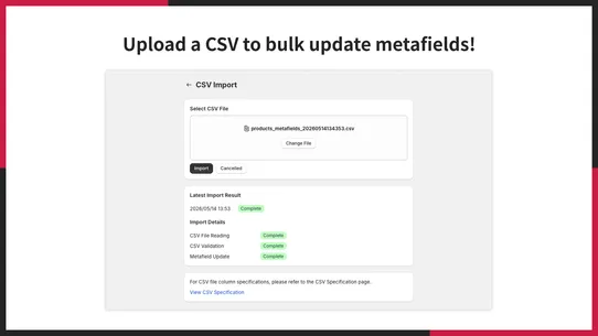 UR: Product Metafields CSV screenshot