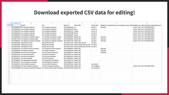 UR: Product Metafields CSV screenshot