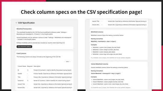 UR: Product Metafields CSV screenshot