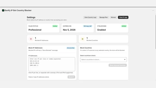 Banify IP Bot Country Blocker screenshot