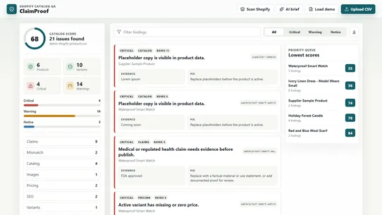ClaimProof: Catalog QA screenshot