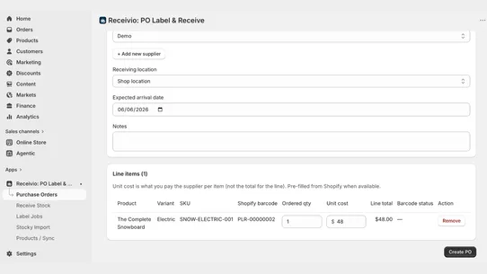 Receivio: PO Label &amp; Receive screenshot