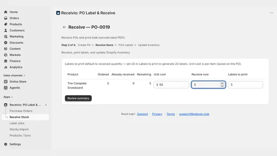 Receivio: PO Label &amp; Receive screenshot