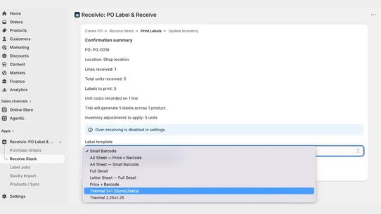 Receivio: PO Label &amp; Receive screenshot