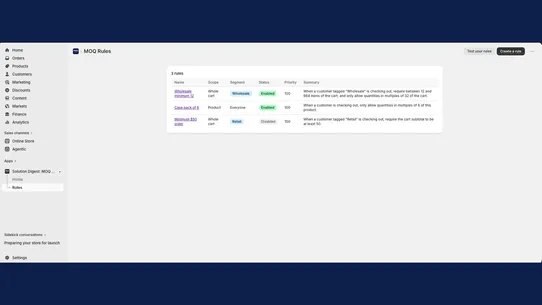 Solution Digest: MOQ Rules screenshot