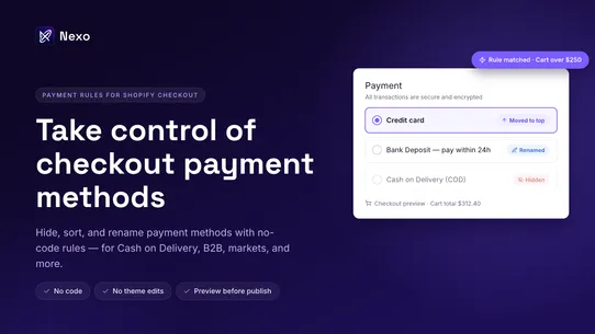 Nexo Sort Hide Payment Methods screenshot