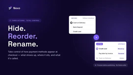 Nexo Sort Hide Payment Methods screenshot