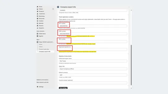 Origo: EU/UK Customs &amp; Invoice screenshot