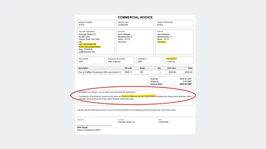 Origo: EU/UK Customs &amp; Invoice screenshot